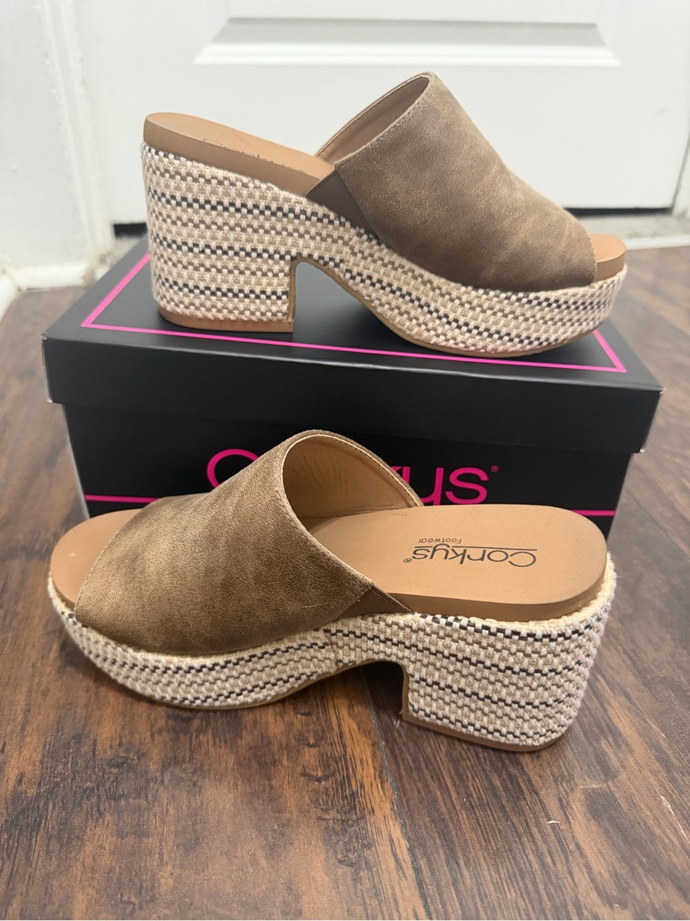 Corkys Tan Suede Woven Platform Mules